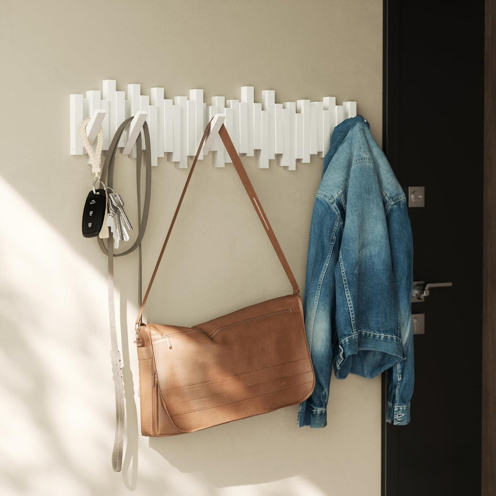 White 8 Retractable Hooks Wall Coat Rack