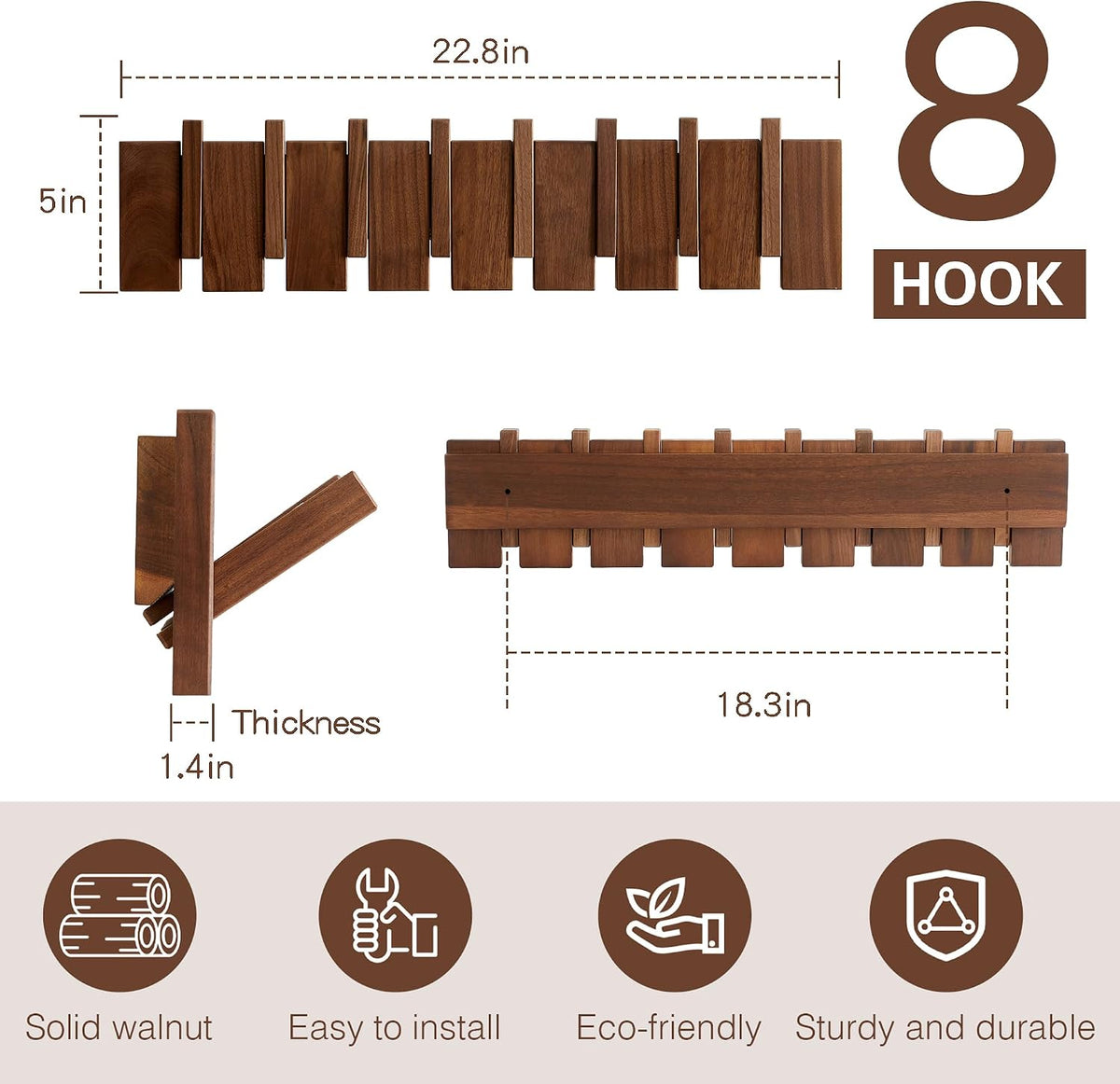 Walnut 8 Hooks Wall Mount Wood Coat Rack