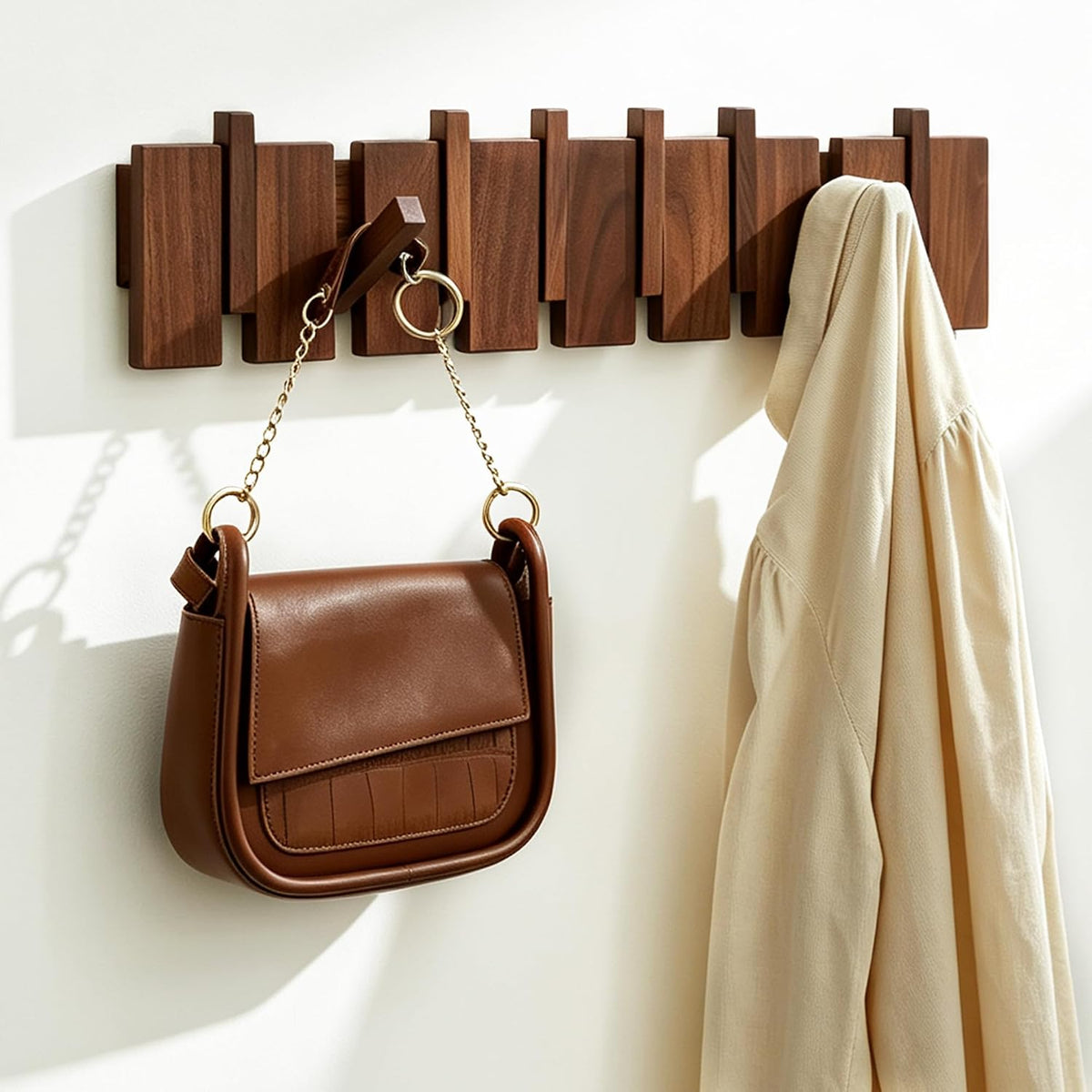 Walnut 8 Hooks Wall Mount Wood Coat Rack