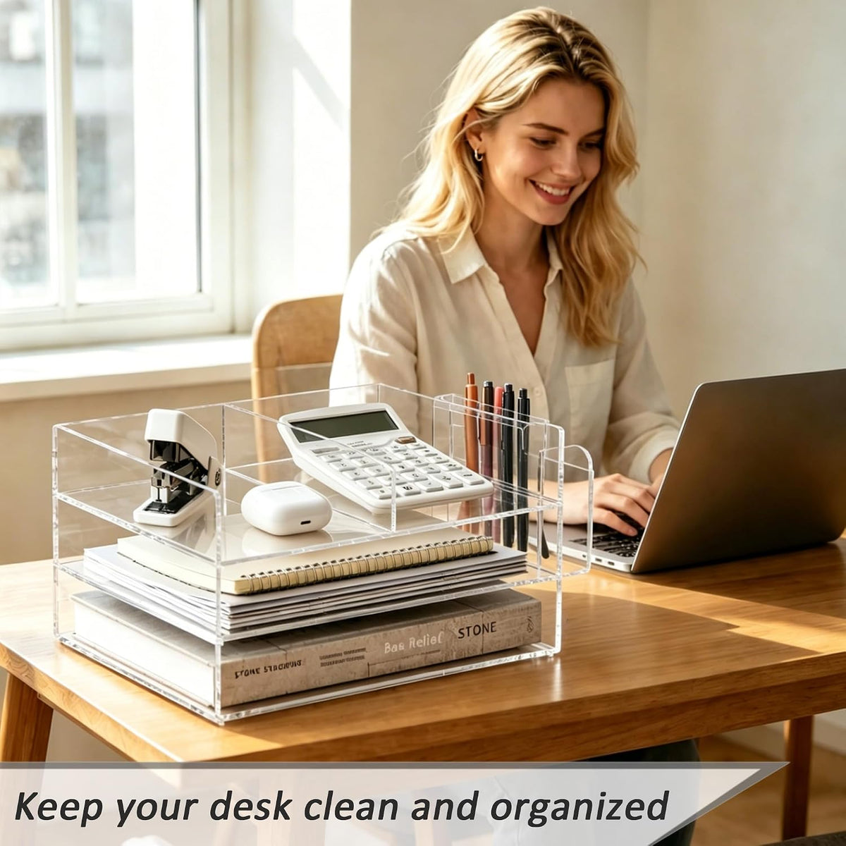 Clear Acrylic Desk Organizer with Paper Tray