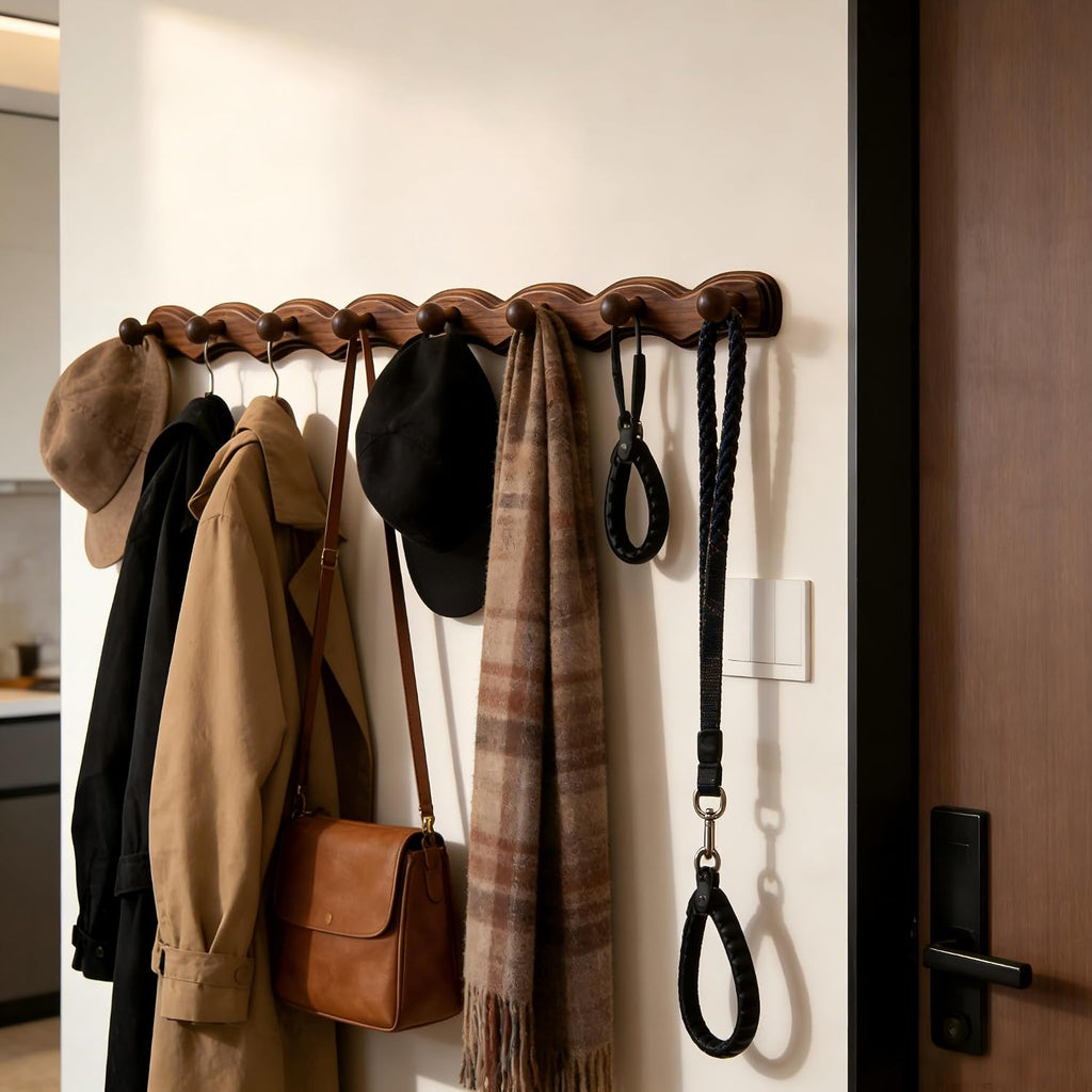 8 Pack Walnut Wood Wall Mount Coat Hooks
