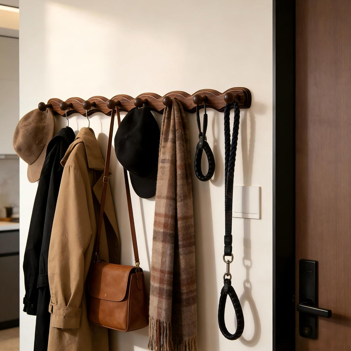 8 Pack Walnut Wood Wall Mount Coat Hooks