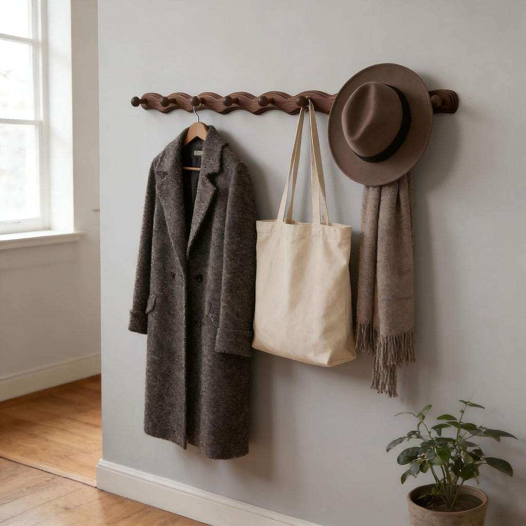 8 Pack Walnut Wood Wall Mount Coat Hooks