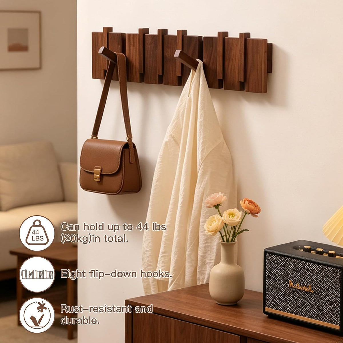 Walnut 8 Hooks Wall Mount Wood Coat Rack