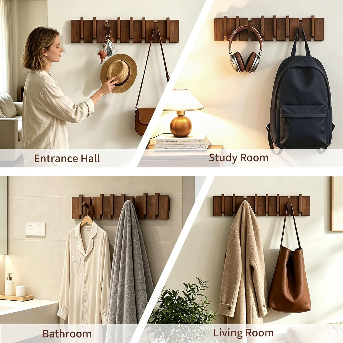 Walnut 8 Hooks Wall Mount Wood Coat Rack