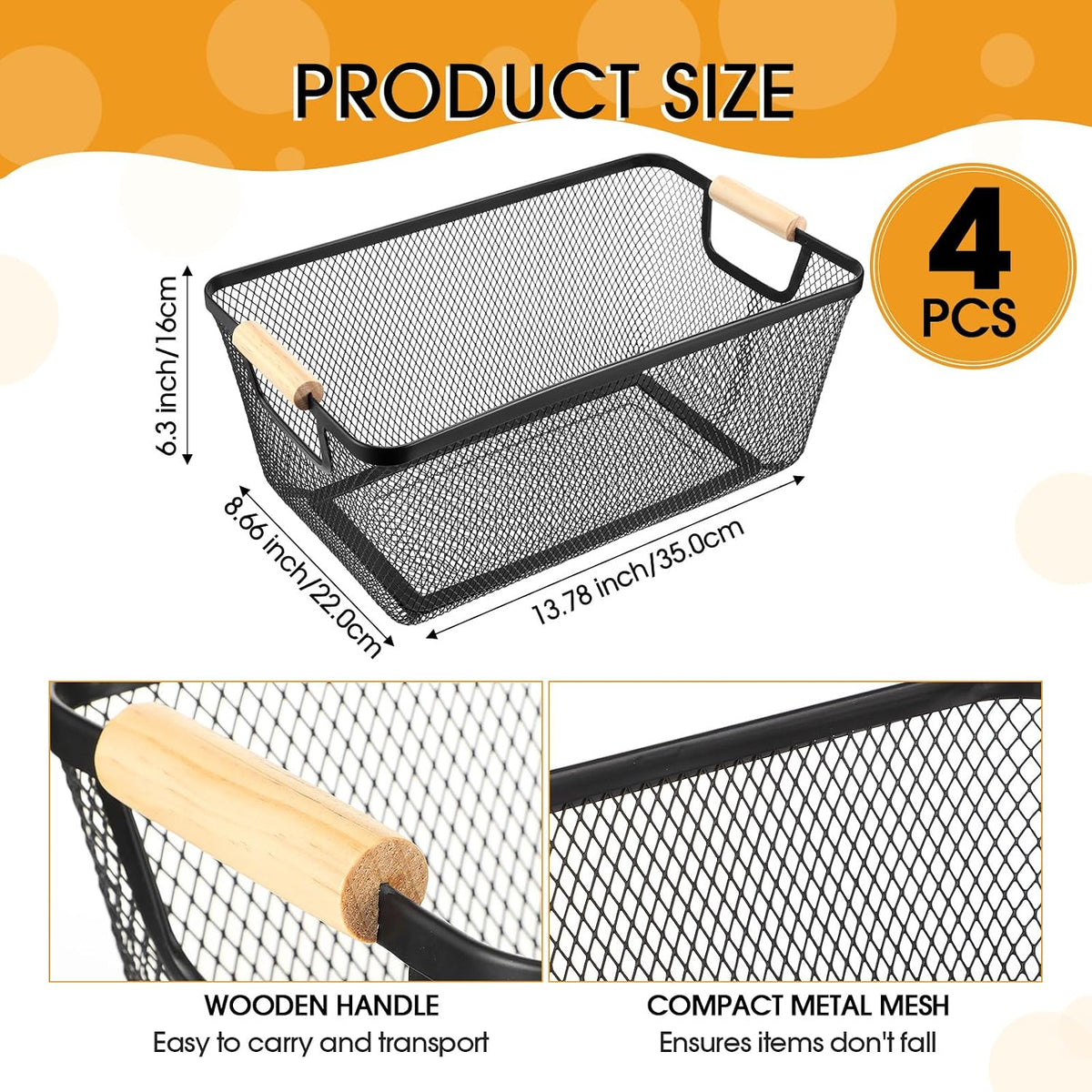 4 Pack Large Black Mesh Baskets
