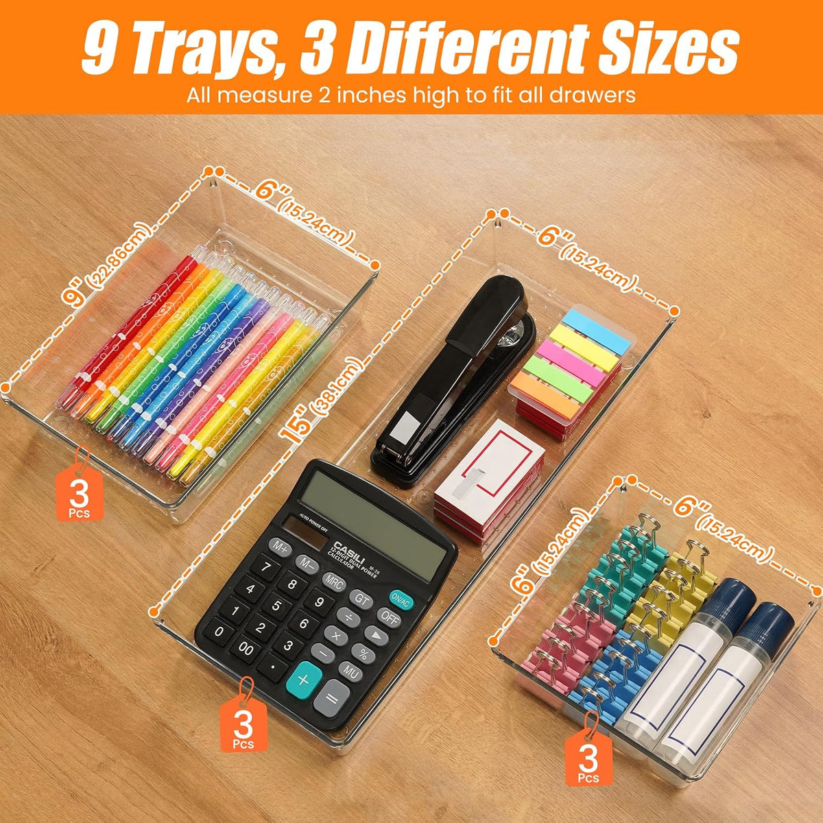 9 Pack Clear Acrylic Drawer Organizer Set