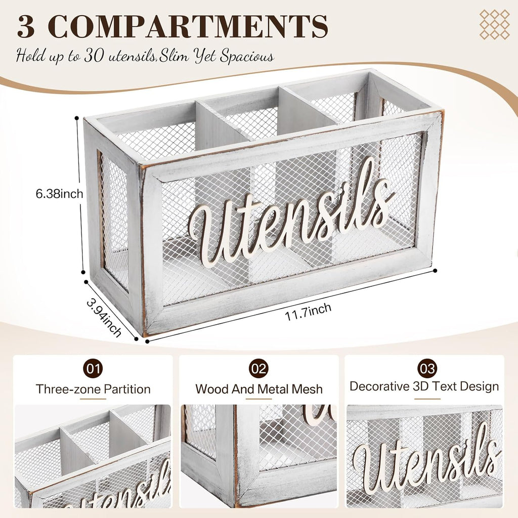 3 Compartment White Utensil Holder