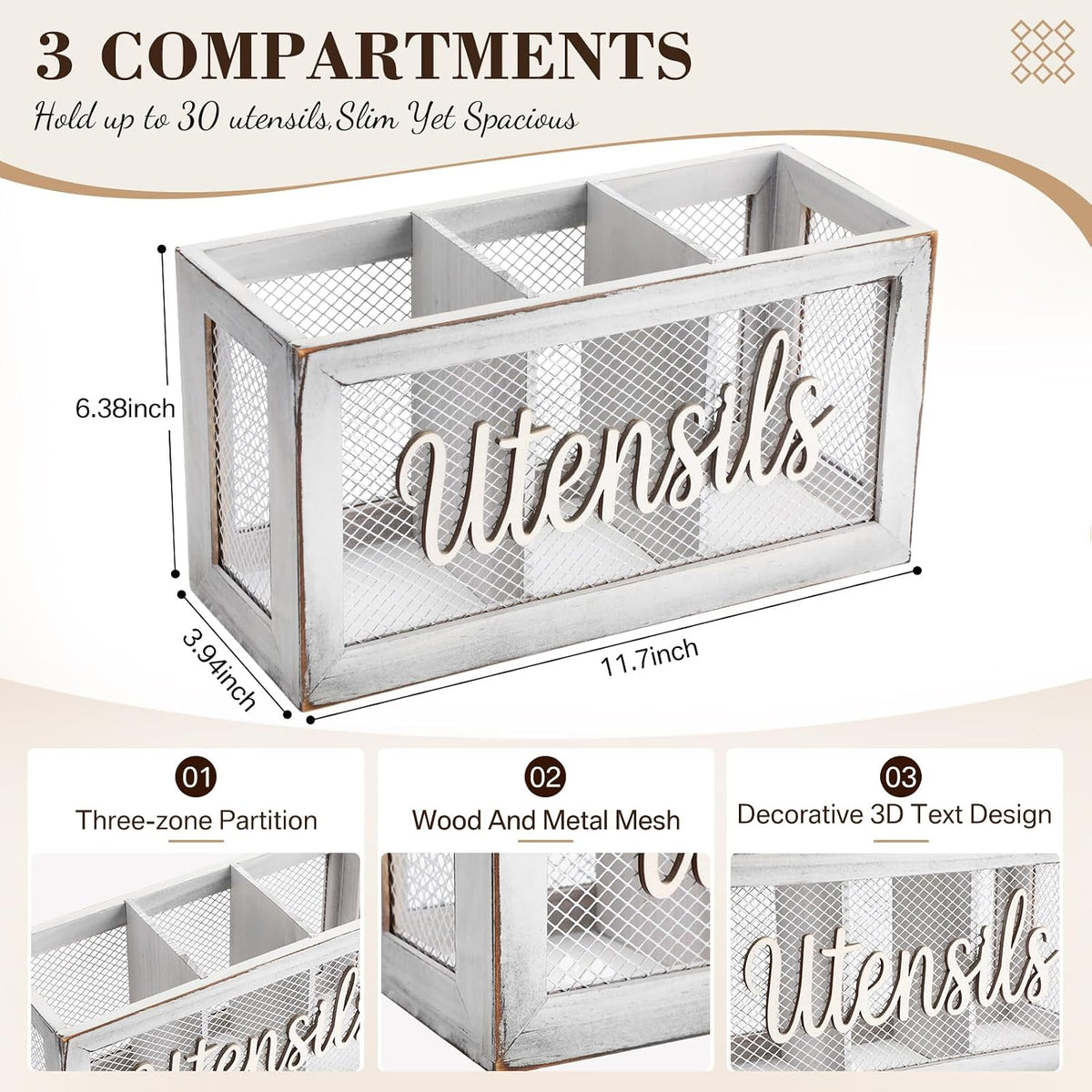 3 Compartment White Utensil Holder
