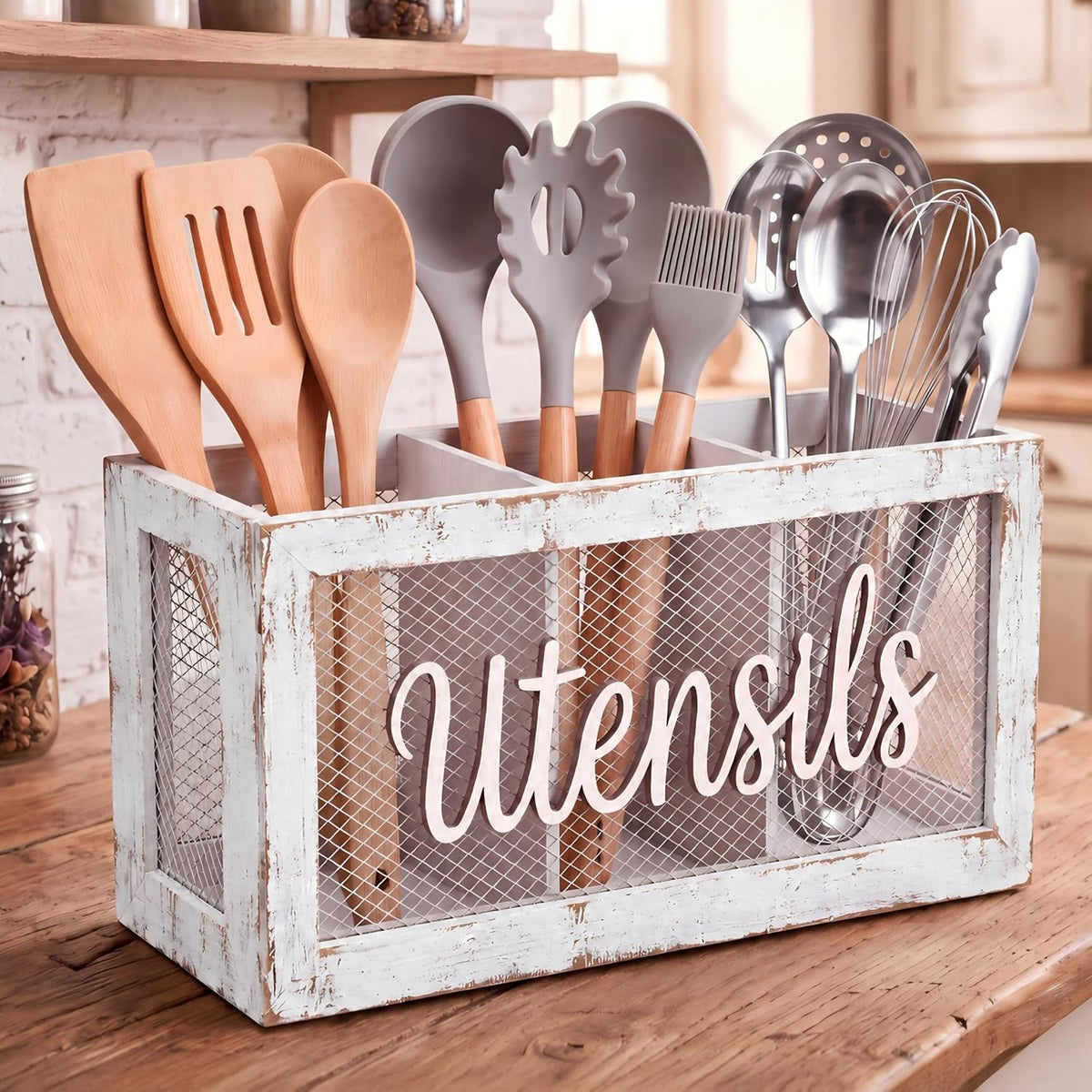 3 Compartment White Utensil Holder