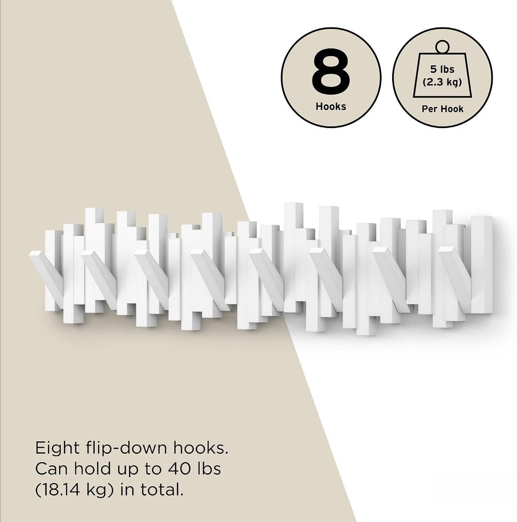 White 8 Retractable Hooks Wall Coat Rack