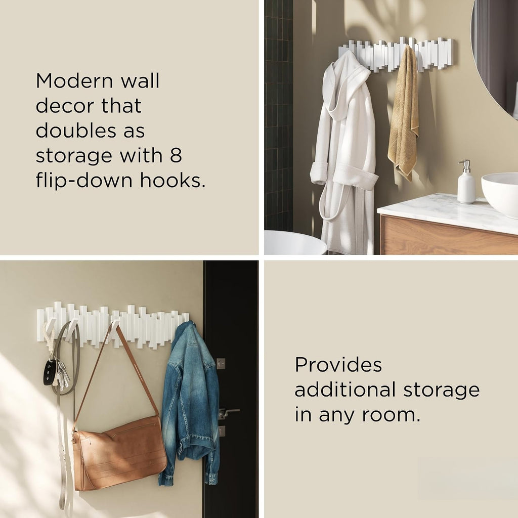 White 8 Retractable Hooks Wall Coat Rack