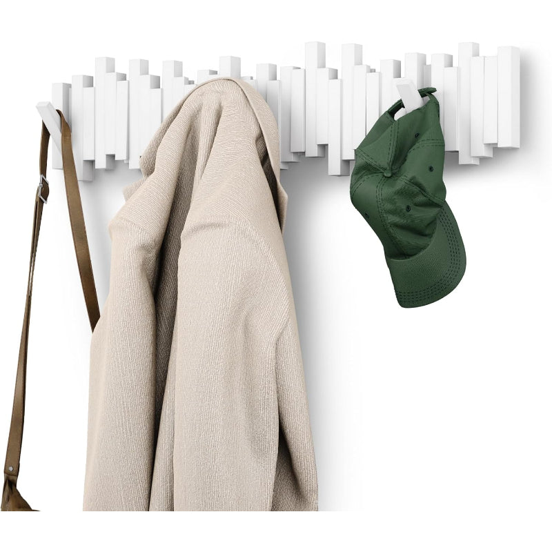 White 8 Retractable Hooks Wall Coat Rack